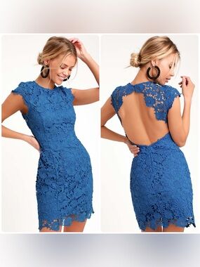 NWT Lulu’s Royal Blue Romance Language Blue Lace Backless High Neck Mini Dress